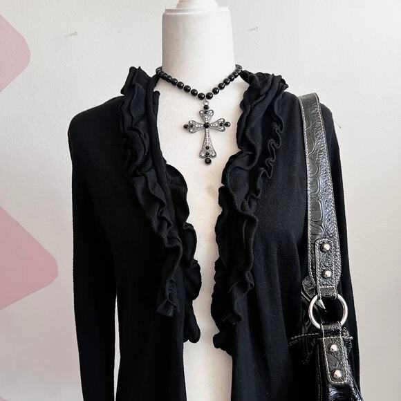 Black Ruffle Cardigan Y2K 2000s Retro Indie Sleaze Gothic Grunge XL - Picture 2 of 8